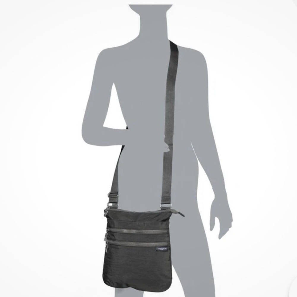 Baggallini Comrade 3 Zip Crossbody Waterproof Bag Black W Sand Color Interior - Picture 10 of 14